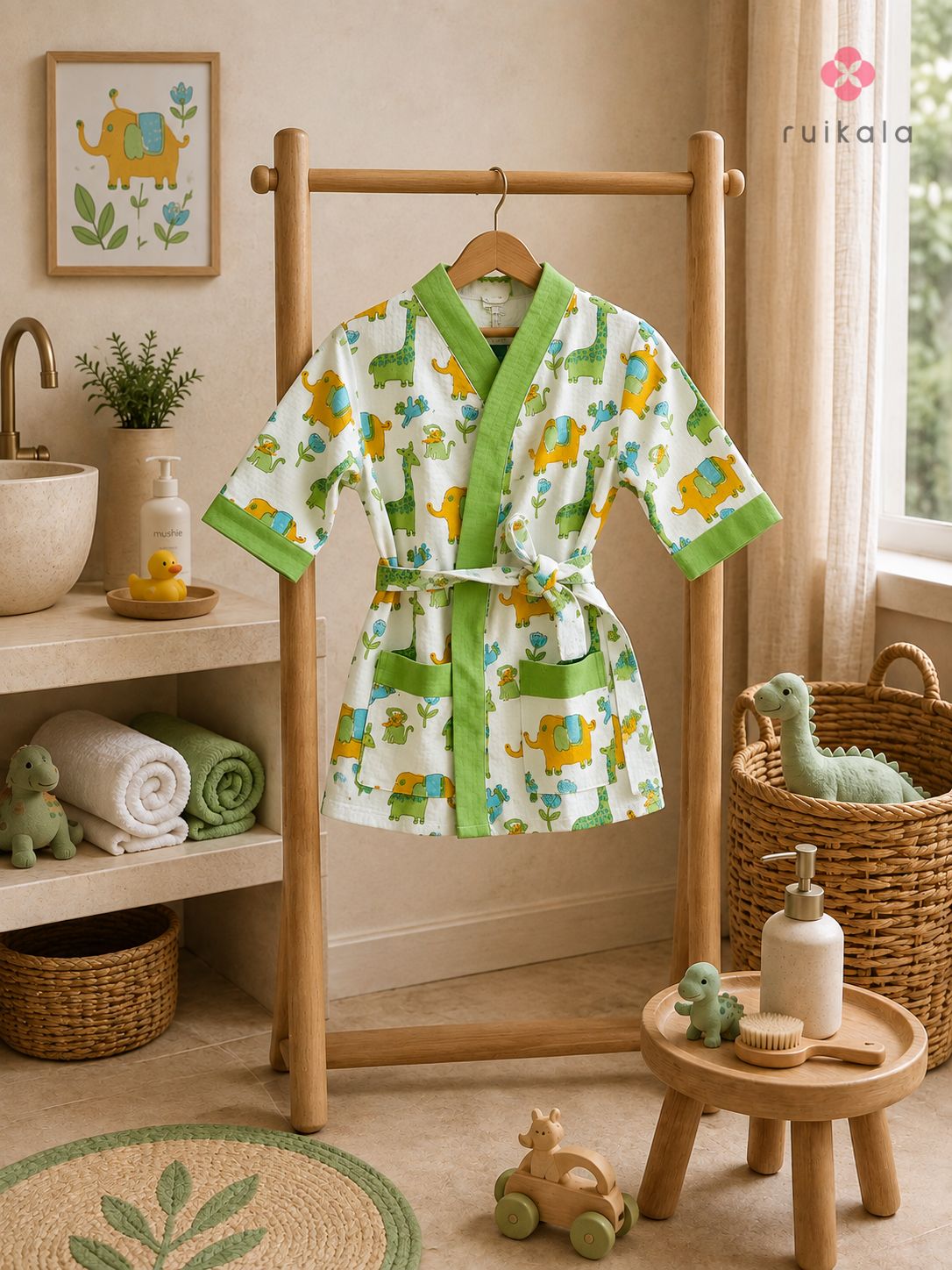 Elephant and Dinosaur Jungle Kid's Bathrobe