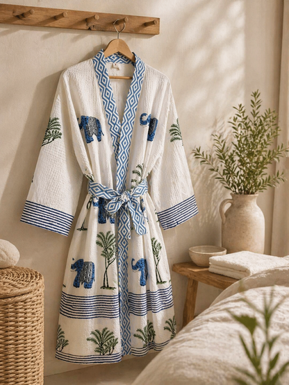 Quirky Elephant handblock print bathrobe