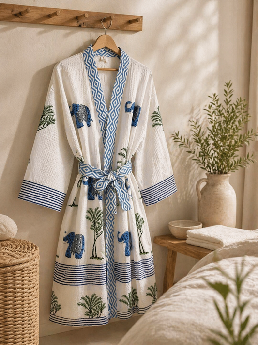 Quirky Elephant handblock print bathrobe