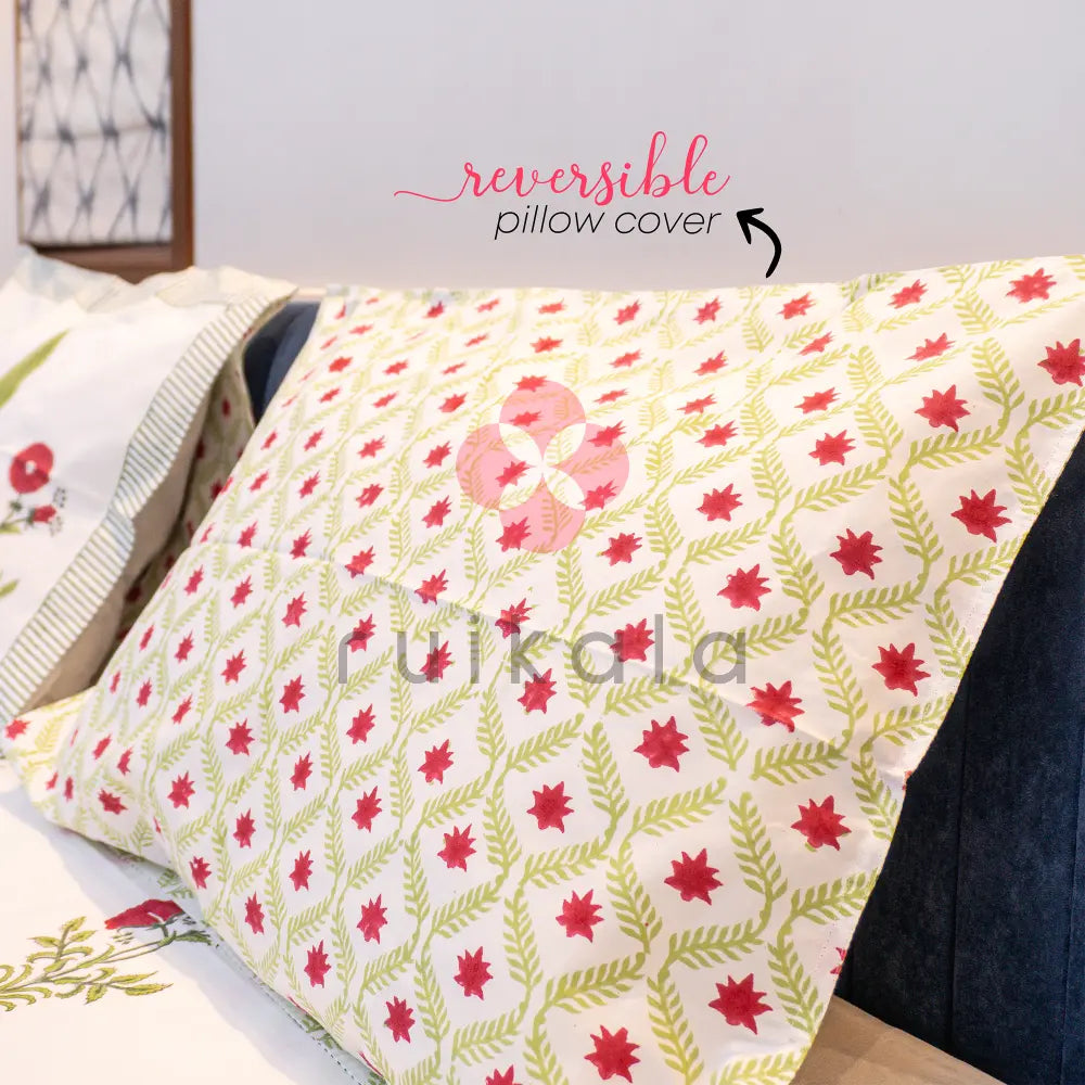 King Size Handblock Printed Bedsheet set with quilted bedcover